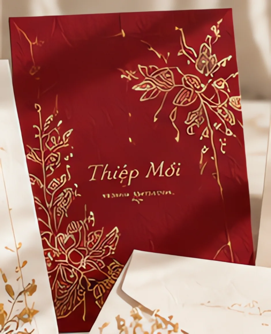 Thiệp mời cưới nhung đỏ hoa vàng