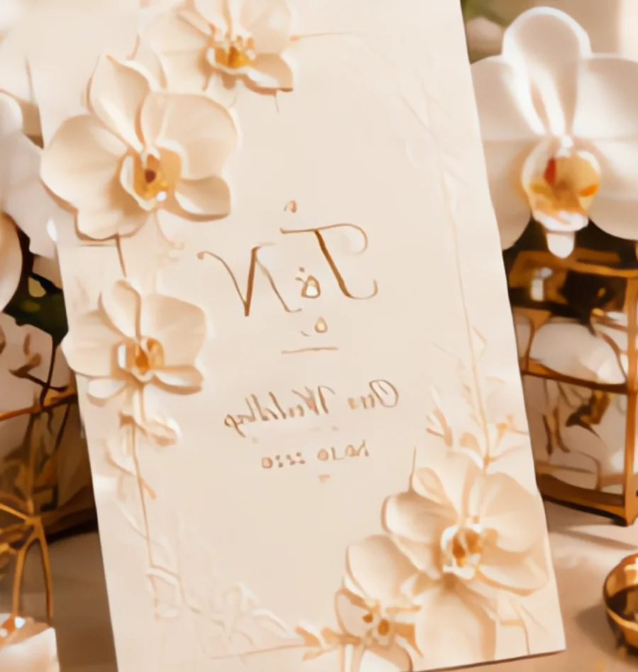 Cận cảnh tên cô dâu chú rể ép kim vàng trên nền giấy đỏ rượu vang